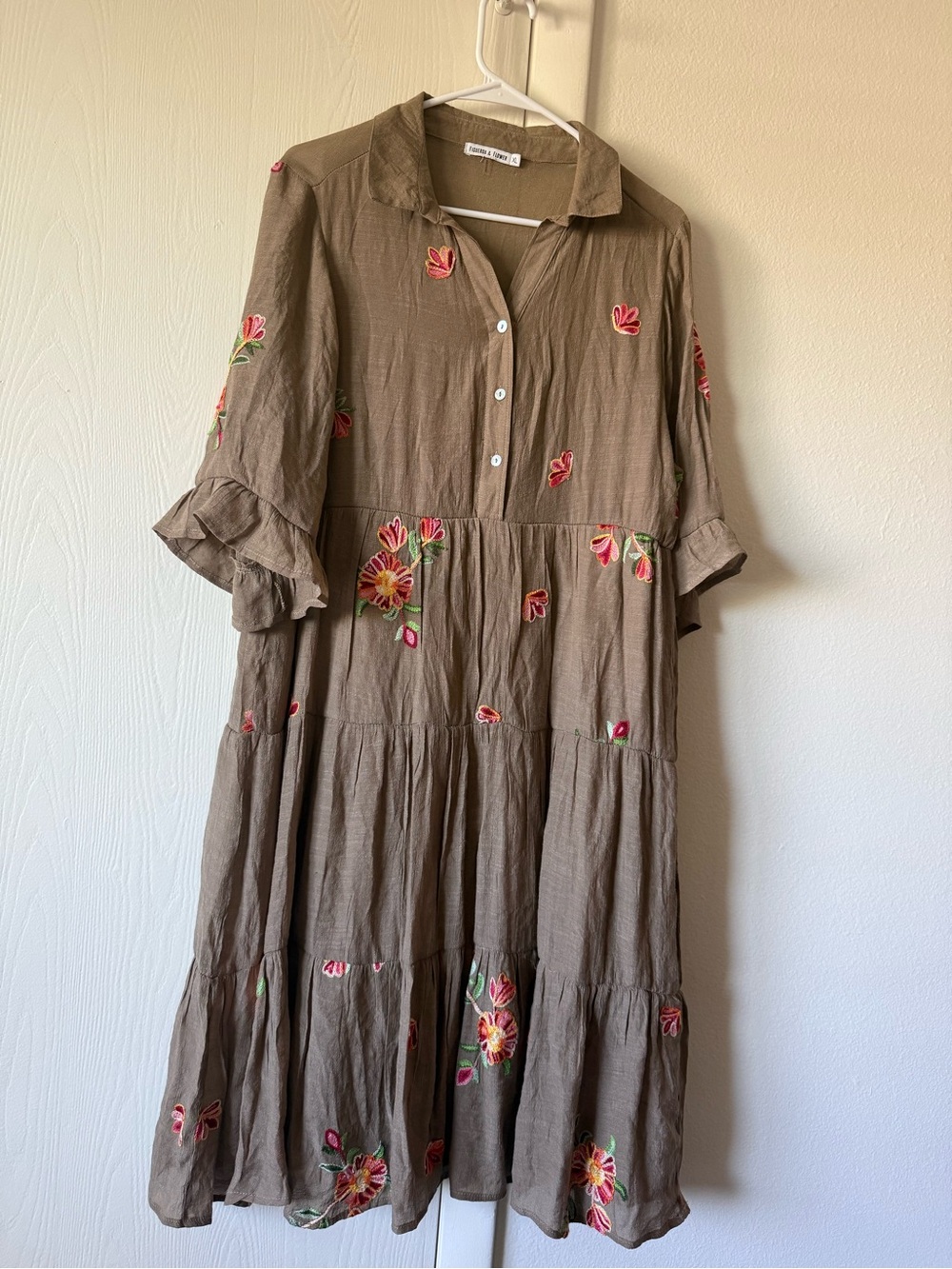Women’s Brown Floral Embroidered Tiered Dress - XL NWT